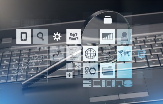 icons, magnifying glass and keyboard, web hosting, blue host